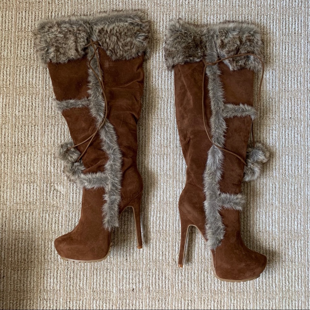 Shoe Dazzle Noviana Faux Suede/Fur Boot Cognac